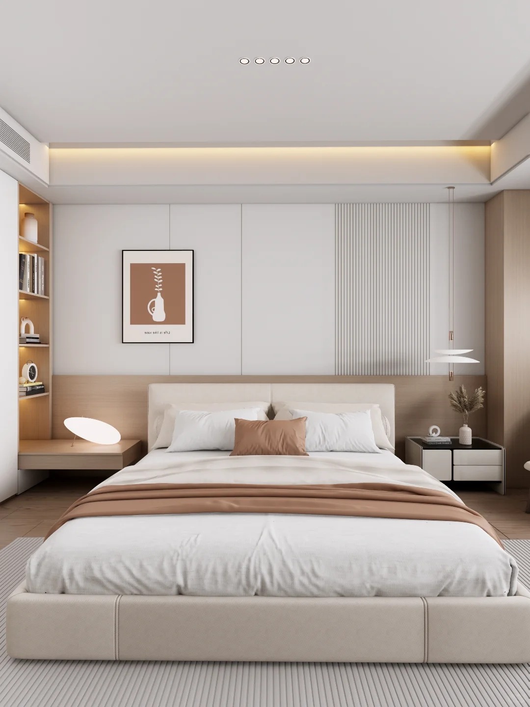 NECOWOOD WPC-panelen creëren een gezellige, moderne hoofdslaapkamer in houtstijl