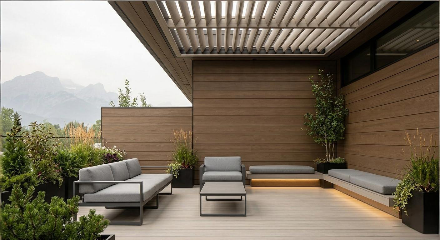 Cozy modern patio featuring low-maintenance ASA wall panels