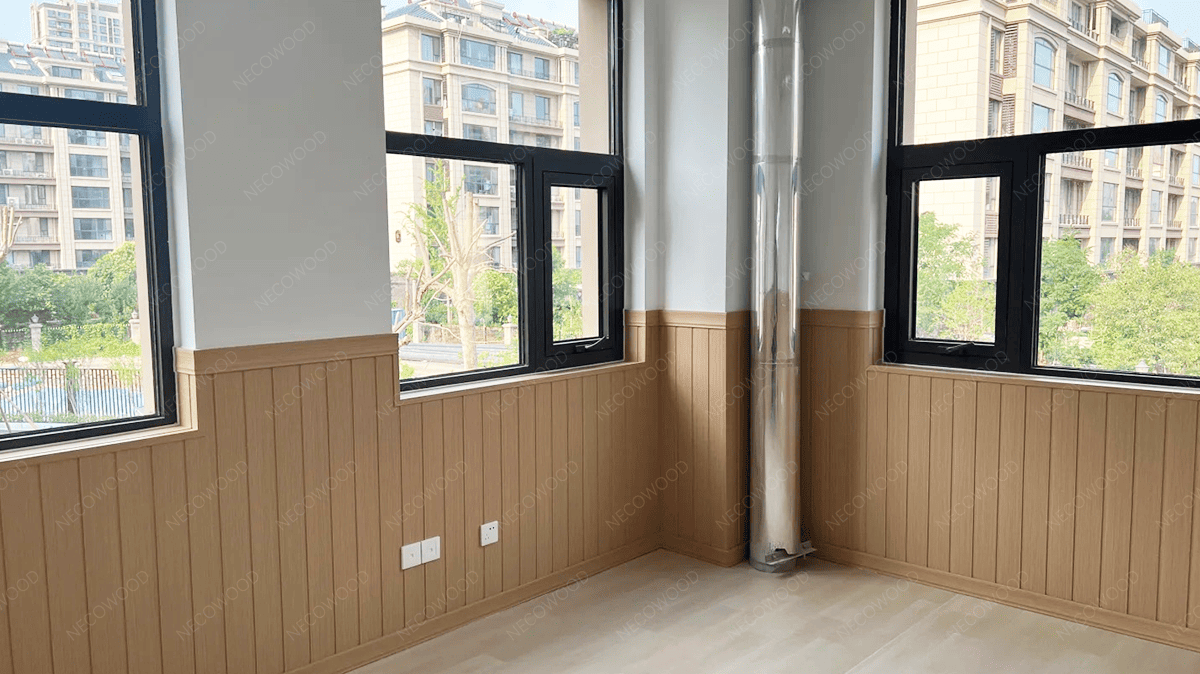 Necowood 360° Shield WPC wall panels with warm walnut finish and 3D deep grain texture