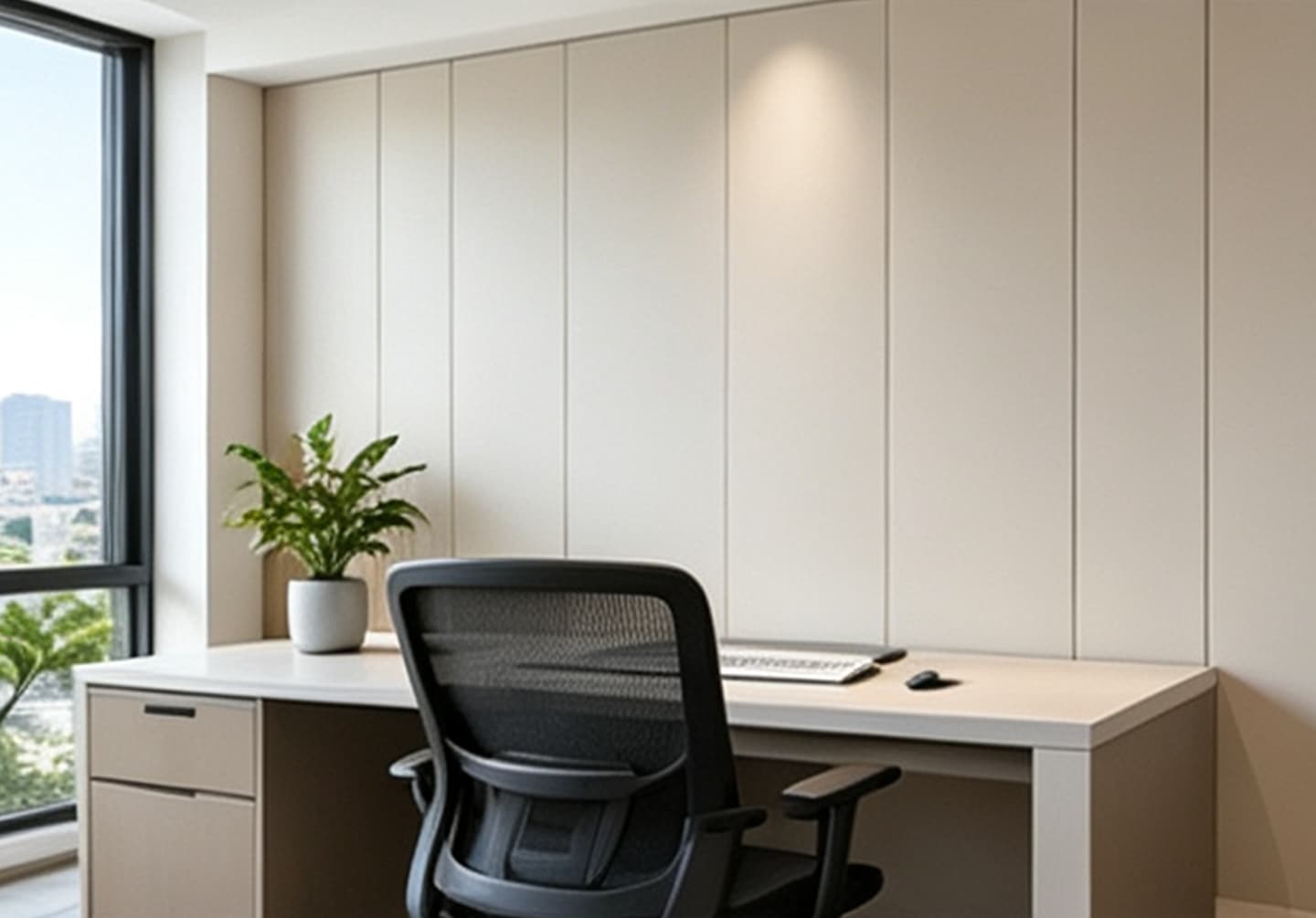 Necowood WPC wall panel home office acoustic fluted wall in deep green finish