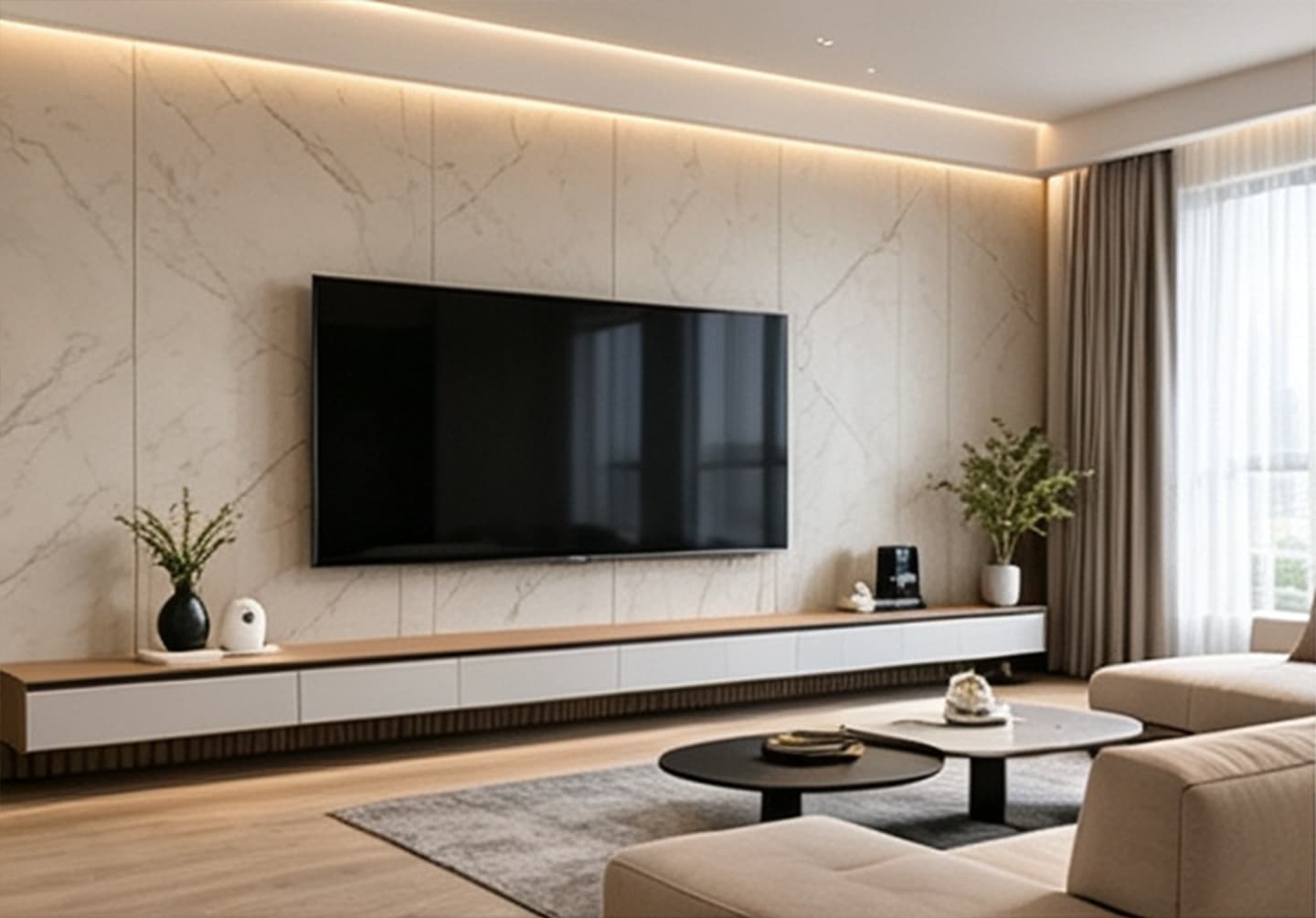 Necowood WPC wall panel living room feature wall in walnut woodgrain finish