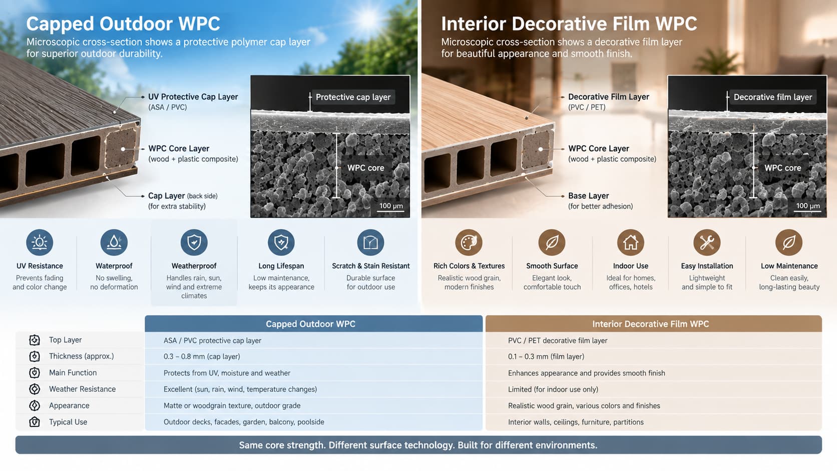 Diagram showing core and co-extruded surface layer of Necowood WPC wall panels
