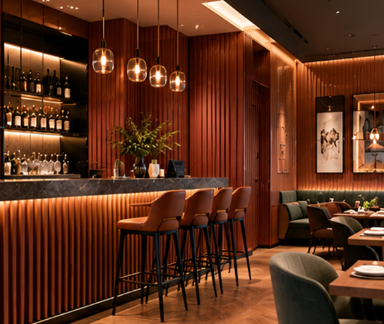 Fluted WPC Wall Panel in Restaurant and Lounge Interiors