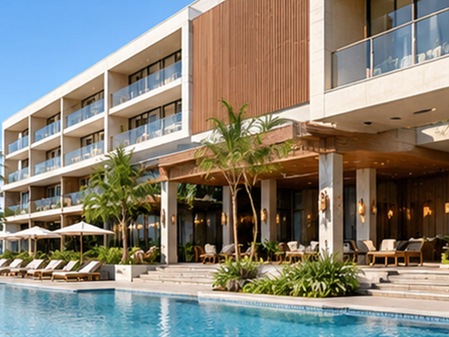 NECOWOOD ASA WPC outdoor wall panel on hotel and resort entrance and pool area